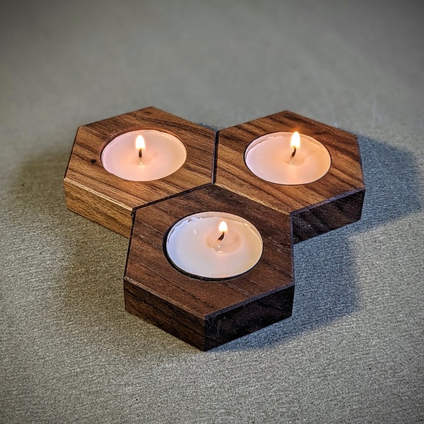 Wooden Walnut Hexagon Tea Light Candle Holder. Gift Idea for Weddings, Parties, Anniversaries, Home Decor, etc. Hand Crafted in America!