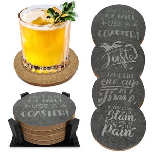 Absorbent coasters with holder,Slate Ceramic coasters,Stone coasters, Engraved Coasters,New Home Gift,Housewarming Gift, Drink Coaster Set