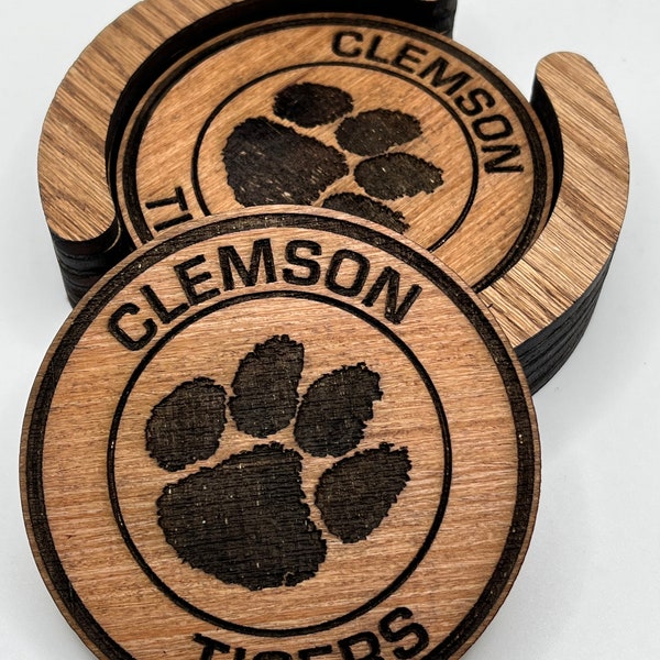Clemson Tigers Coasters - 4 Laser Engraved, Stained & Sealed Coasters with Holder,Perfect for Game Day or Unique Gift