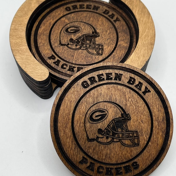 Green Bay Packers Coasters - 4 Laser Engraved, Stained & Sealed Coasters with Holder,Perfect for Game Day or Unique Gift