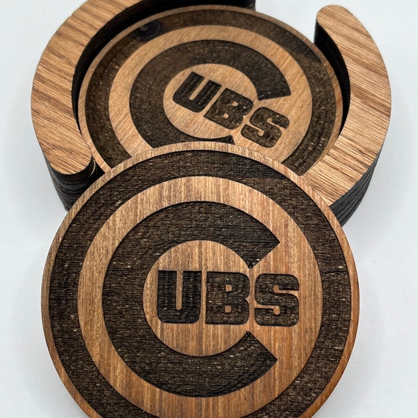 Chicago Cubs Coasters, Laser Engraved, Stained & Sealed Coasters, Holder, Game Day, Unique Gift, Wood, Handcrafted