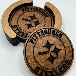 Pittsburgh Steelers Coasters - 4 Laser Engraved, Stained & Sealed Coasters,Holder,Perfect for Game Day or Unique Gift