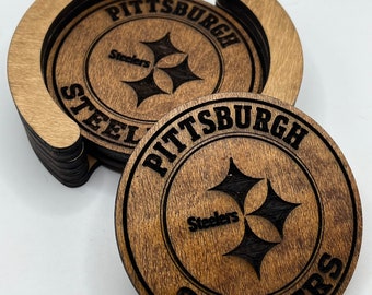 Pittsburgh Steelers Coasters - 4 Laser Engraved, Stained & Sealed Coasters,Holder,Perfect for Game Day or Unique Gift