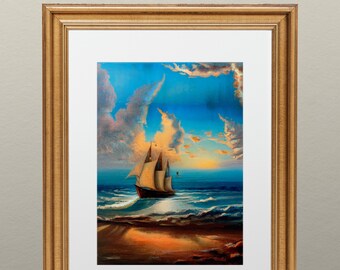 Sailing Ship Seascape Painting, Coastal Beach Wall Art (Digital Download)