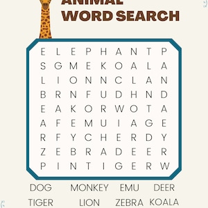 K&ouml;nnte beinhalten: Ein druckbares Tier-Wortsuchr&auml;tsel mit einer Giraffenillustration. Das R&auml;tsel enth&auml;lt die W&ouml;rter: Elefant, L&ouml;we, Tiger, Zebra, Koala, Affe, Emu, Hirsch, Hund, Panda, B&auml;r und Giraffe.