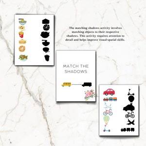 May include: A printable worksheet for kids to match shadows to objects. The worksheet features a school bus, a truck, a car, a scooter, a hot air balloon, a bicycle, a train, and an airplane. The text "MATCH THE SHADOWS" is at the top of the worksheet.
