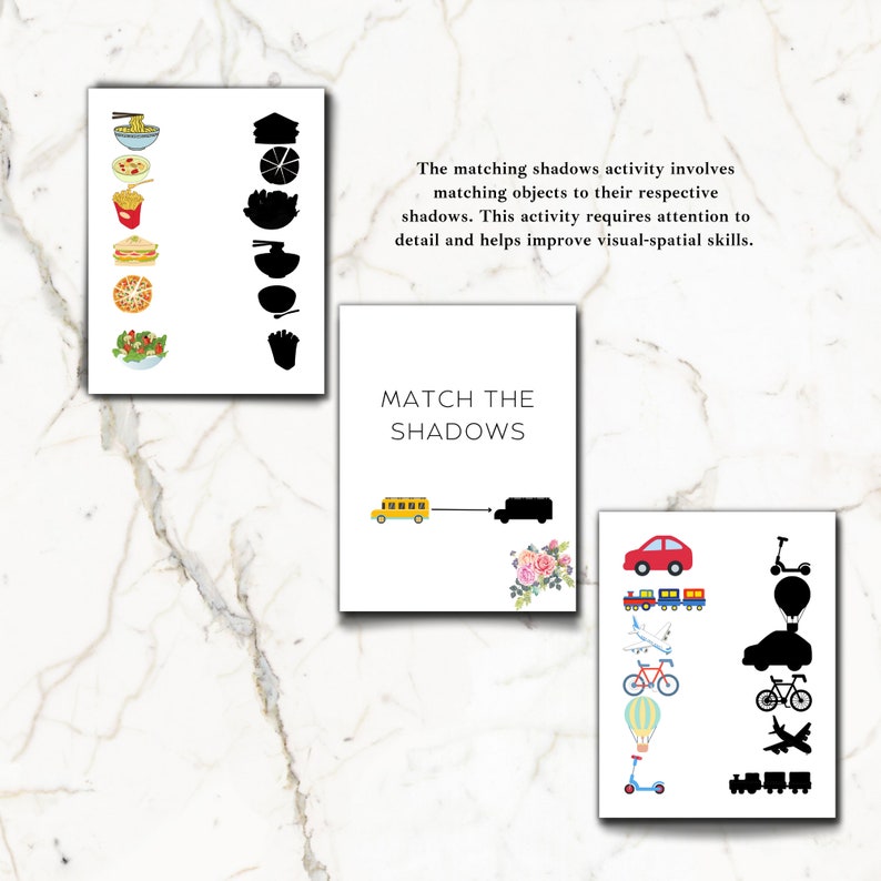 May include: A printable worksheet for kids to match shadows to objects. The worksheet features a school bus, a truck, a car, a scooter, a hot air balloon, a bicycle, a train, and an airplane. The text "MATCH THE SHADOWS" is at the top of the worksheet.