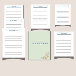 May include: A set of printable journal pages with lined paper and titles such as "Quotes", "Notes", "My Wish", "My Thoughts", "Gratitude List", "My Prayer", and "Scratch Pad".