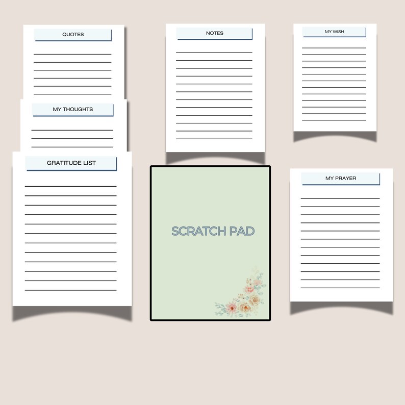 May include: A set of printable journal pages with lined paper and titles such as "Quotes", "Notes", "My Wish", "My Thoughts", "Gratitude List", "My Prayer", and "Scratch Pad".