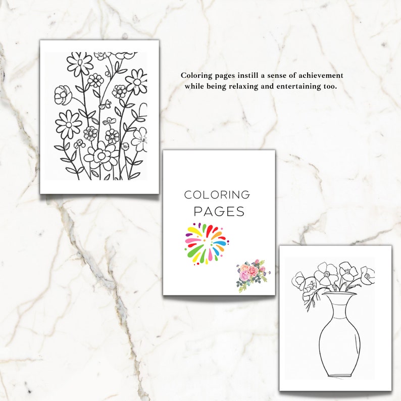 May include: Three black and white coloring pages. The first page features a cluster of flowers. The second page has the text "COLORING PAGES" and a colorful burst of color. The third page shows a vase with flowers.