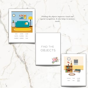 May include: A colorful illustration of a living room with a couch, lamp, clock, cactus, flower, rug, cushion, cabinet, and leaf. The words "Find the Objects" are written in black text on a white background.