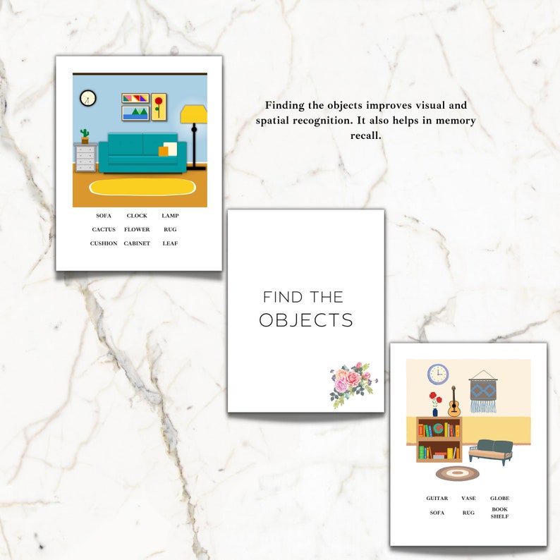 May include: A colorful illustration of a living room with a couch, lamp, clock, cactus, flower, rug, cushion, cabinet, and leaf. The words "Find the Objects" are written in black text on a white background.