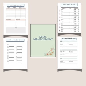 May include: A printable meal management planner with sections for daily meal tracking, weekly meal tracking, food allergies, and vitamins and supplements. The planner has a light green background with a floral design.