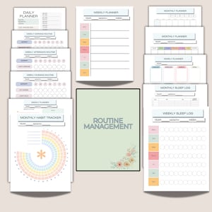 May include: A set of printable planner pages with a light green background and floral accents. The pages include daily, weekly, and monthly planners, as well as habit trackers and sleep logs. The text "Routine Management" is printed in a dark blue font on the cover page.