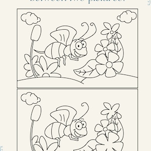 K&ouml;nnte beinhalten: Eine Schwarzwei&szlig;illustration einer Biene, die in der N&auml;he einer Blume fliegt. Die Biene hat gro&szlig;e Augen und ein L&auml;cheln. Die Blume hat f&uuml;nf Bl&uuml;tenbl&auml;tter.
