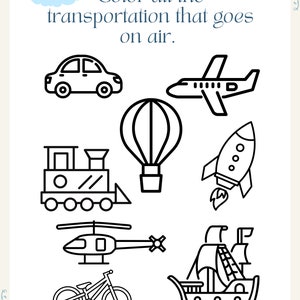 K&ouml;nnte beinhalten: Schwarz-wei&szlig;-Linienzeichnung verschiedener Verkehrsmittel.  F&auml;rbe alle Verkehrsmittel, die in der Luft fahren.  Das Bild zeigt ein Auto, ein Flugzeug, einen Hei&szlig;luftballon, eine Rakete, einen Hubschrauber, ein Schiff und ein Fahrrad.