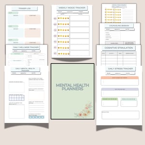 May include: A set of printable mental health trackers with a green background and floral accents. The trackers include a trigger log, weekly mood tracker, monthly mood tracker, counseling session, cognitive stimulation, daily stress tracker, and daily wellness tracker.