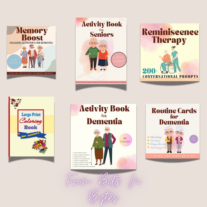 May include: A set of six colorful book covers for activities and therapy for seniors with dementia. The covers feature illustrations of older adults and text that includes "Memory Boost", "Activity Book for Seniors", "Reminiscence Therapy", "Large Print Coloring Book for Seniors", "Activity Book for Dementia", and "Routine Cards for Dementia".