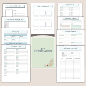 May include: A printable planner with a green background and floral design. The planner includes sections for personal information, family members, emergency contacts, contact lists, passwords, bank accounts, and medical history.