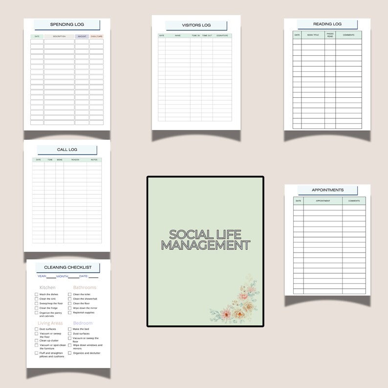 May include: A printable social life management planner with sections for spending, visitors, reading, calls, cleaning checklists, and appointments. The planner has a green background with floral accents and the text "SOCIAL LIFE MANAGEMENT".