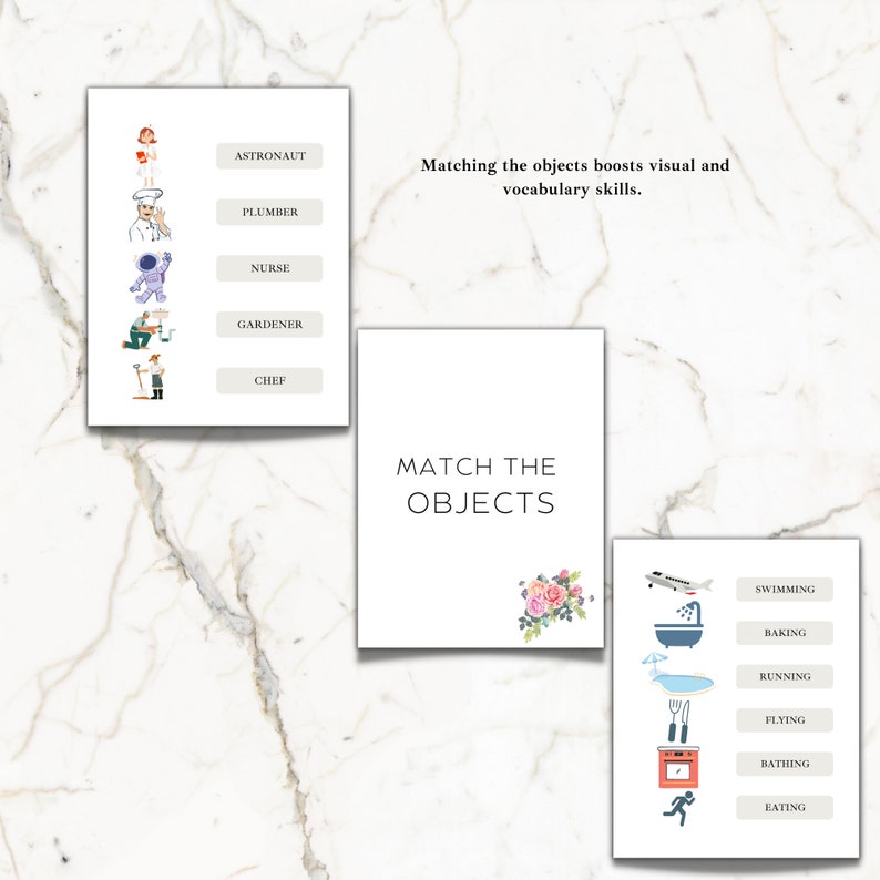 May include: A printable educational game for kids featuring colorful illustrations of different jobs and activities. The game includes a card with the text "Match the Objects" and two cards with images and words like "astronaut", "chef", "swimming", and "baking".