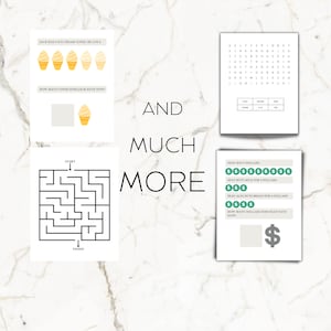 May include: A printable worksheet with three activities for kids. The first activity is a counting game with ice cream cones. The second activity is a maze. The third activity is a word problem about money.