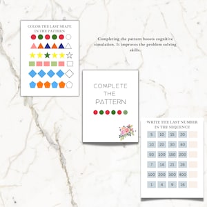 May include: A printable worksheet with three sections: color the last shape in the pattern, complete the pattern, and write the last number in the sequence. The worksheet features colorful shapes, numbers, and a floral design.