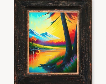 Colorful Lake Sunset Painting, Serene Landscape Wall Art (Digital Download)