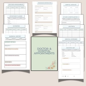 May include: A printable doctor and hospital appointment planner with sections for doctor's appointments, insurance information, hospital checklist, ER visit and hospitalization, surgeries, surgical history, lab tests, medical expenses, and doctor's visit.