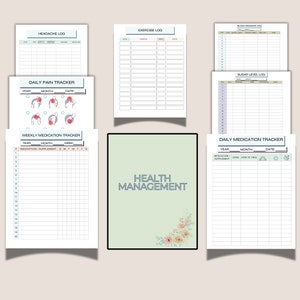 May include: A green and white printable health management journal with floral accents. The journal includes pages for tracking headaches, exercise, blood pressure, sugar levels, daily pain, weekly medication, and daily medication.