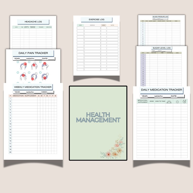 May include: A green and white printable health management journal with floral accents. The journal includes pages for tracking headaches, exercise, blood pressure, sugar levels, daily pain, weekly medication, and daily medication.