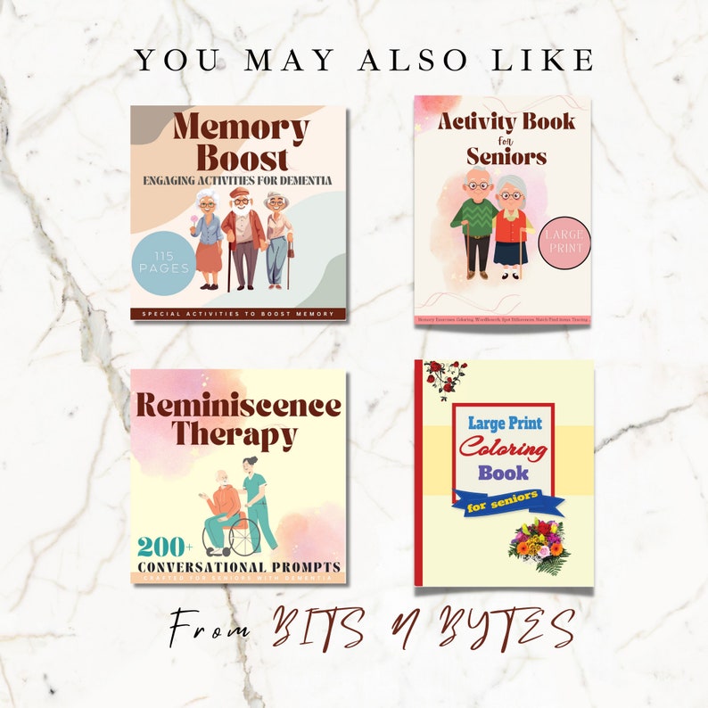 May include: Four book covers with colorful illustrations and text. The covers feature activities for seniors, including memory boost, reminiscence therapy, activity book, and large print coloring book.
