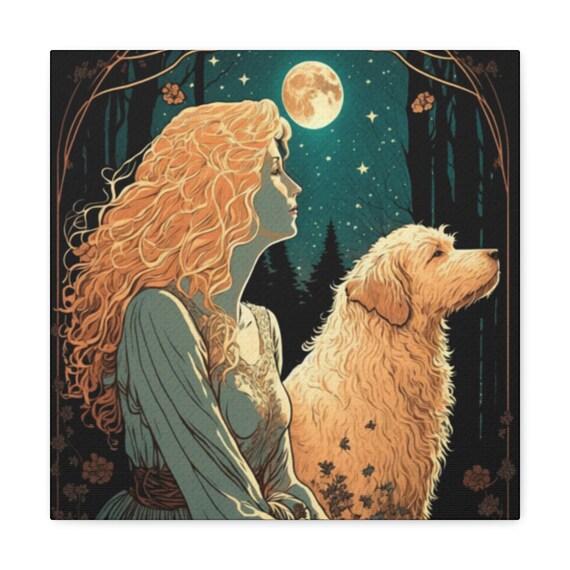 Goldendoodle and Woman at Night art Nouveau Goldendoodle Canvas