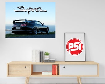MK4 Supra &#39;RZ Turbo Supra logo&#39; Wall Poster, Pro Spec Imports Supra JZA80 JDM, Vintage Toyota, TRD, Japanese car wall art, mens gift
