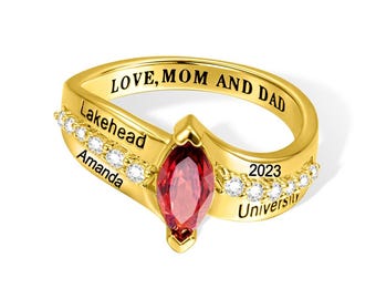 Bague de remise de diplôme en argent sterling avec pierres précieuses gravées pour classe, bijoux pour femme, université, souvenirs personnalisés
