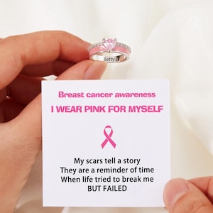 Custom I Wear Pink for Myself Herz Birthstone Ribbon Ring mit graviertem Namen und Affirmationskarte, Cancer Awareness Survivor Ring Geschenke