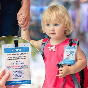 Gepersonaliseerde autisme-ID-kaart met draagkoord voor communicatie: medische waarschuwing, noodcontact, reisveiligheid en communicatiehulpmiddel voor kinderen.