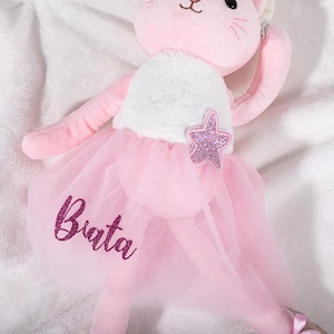 May include: A pink plush cat wearing a white top and a pink tulle tutu. A glittery star is attached to the tutu. The name "Brata" is written on the tutu in glittery letters. The cat has pink ears, arms, and legs.