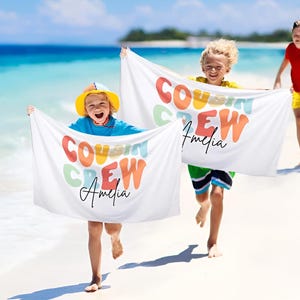 Personalized Multicolor Cousin Crew Quick Dry Beach Towel with Name, Camping/Vacation/Summer Holiday Gift for Cousin/Family