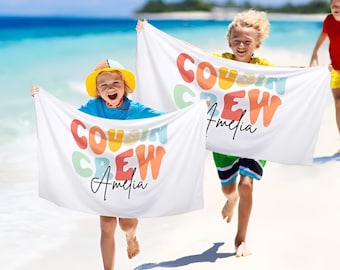 Personalisiertes mehrfarbiges schnell trockenes Strandtuch mit Namen, Camping / Urlaub / Sommerferien Geschenk für Cousin / Familie