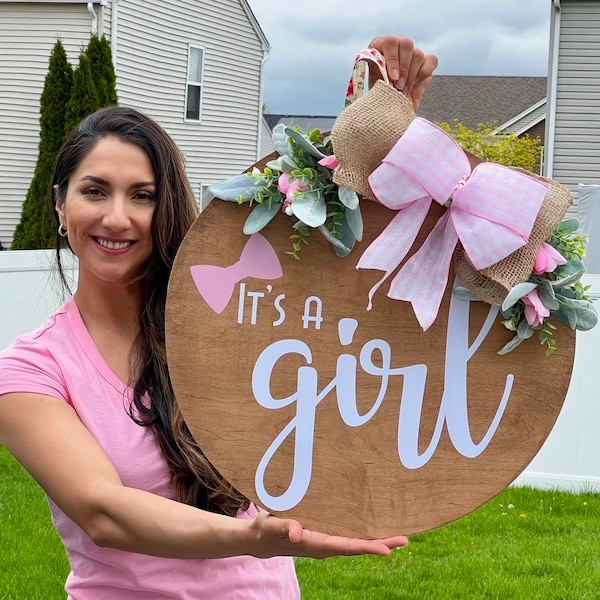 it’s A Girl | Baby Shower Gift | Door Hanger | Gender Reveal | Wooden Wreath | welcoming Sign