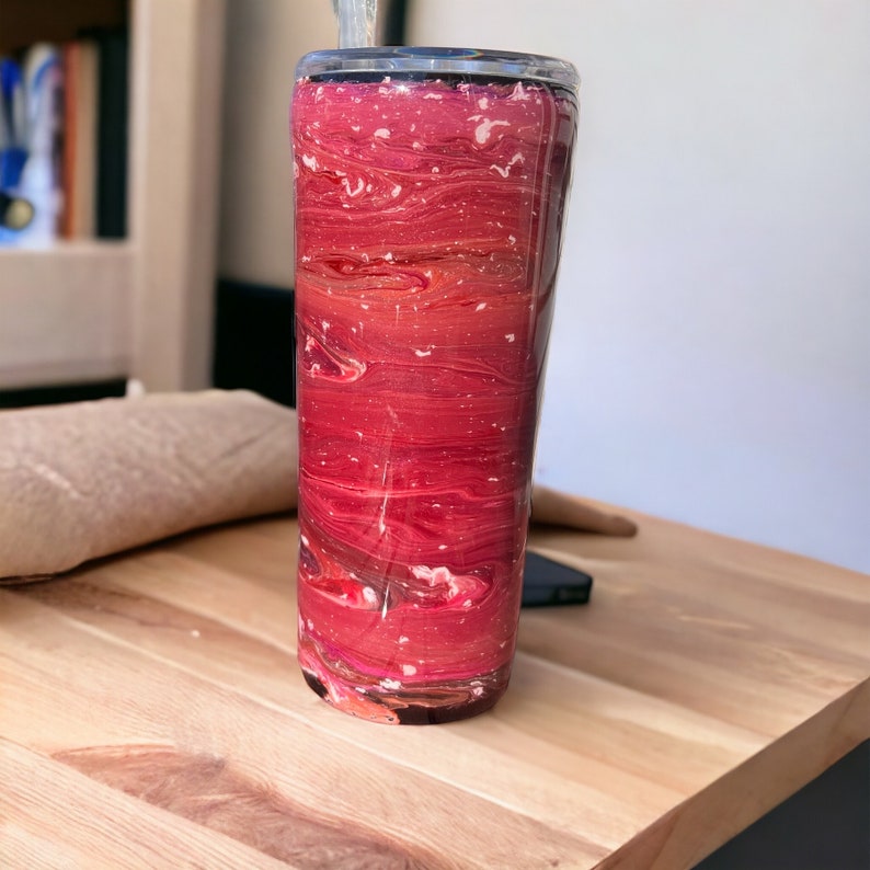 Pink and Red Swirls Alcohol Ink Travel Mug, Insulated Travel Cup With