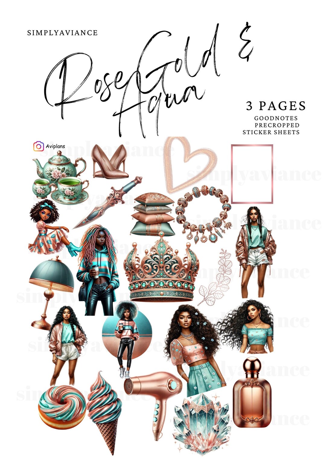 Aqua & Rose Gold Goodnotes Stickers: Black Women Digital Planner ...