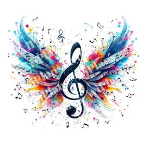 Notas musicales aladas PNG: Diseño musical colorido (Descarga digital)