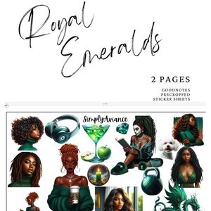 Green Goodnotes stickers, precropped, black girl with Locs, pretty African American girl stickers, emerald green stickers sheets, bohemian