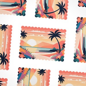 Cartes postales de plage illustrées style plage bohème, bords festonnés, cadeau parfait pour les amoureux de la plage rétro pour les fêtes, message à garder le contact