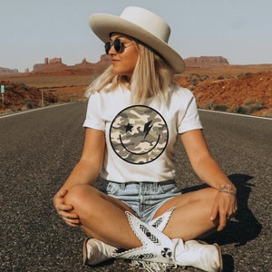 Camo Happy Face shirt | Camo smiley face tee | Retro happy face shirt | Women&#39;s camo shirt | Grunge Happy face | Camo graphic tee