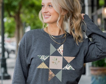 Quilt Block Sweatshirt Quilting Gift For Quilter Cottage Core Quilt Square Tee Floral Quilt Shirt Crafting Gift Homestead Gift For Mom Boho
