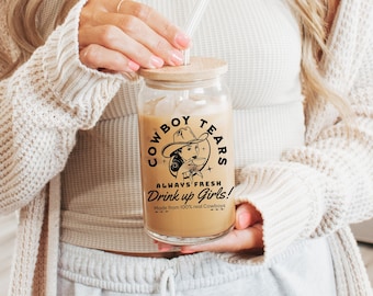 Western libby Cup 16oz Retro Glass Beer Can Iced Coffee Cup Tumbler Funny Cowgirl Gift For Her Cowboy Tears Rodeo Lid And Straw Country Girl
