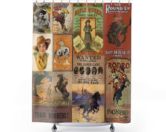 Vintage Western Posters Shower Curtain Western Decor Ranch Decor Farm House Western Shower Curtain Boho Western Wild West Decor Cowboy Decor